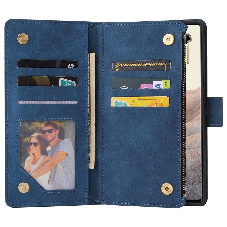 For Google Pixel 6 Pro 5G PU Leather Phone Wallet Stand Case Zipper Pocket Multiple Card Slots Phone Protective Cover - Blue