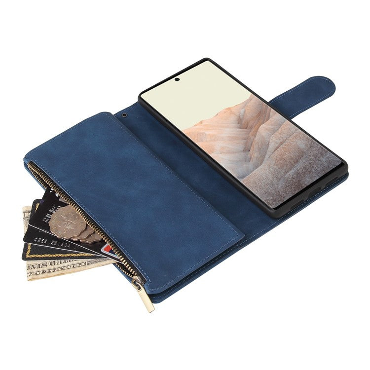 For Google Pixel 6 Pro 5G PU Leather Phone Wallet Stand Case Zipper Pocket Multiple Card Slots Phone Protective Cover - Blue