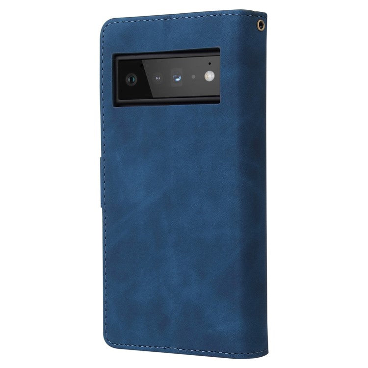 For Google Pixel 6 Pro 5G PU Leather Phone Wallet Stand Case Zipper Pocket Multiple Card Slots Phone Protective Cover - Blue