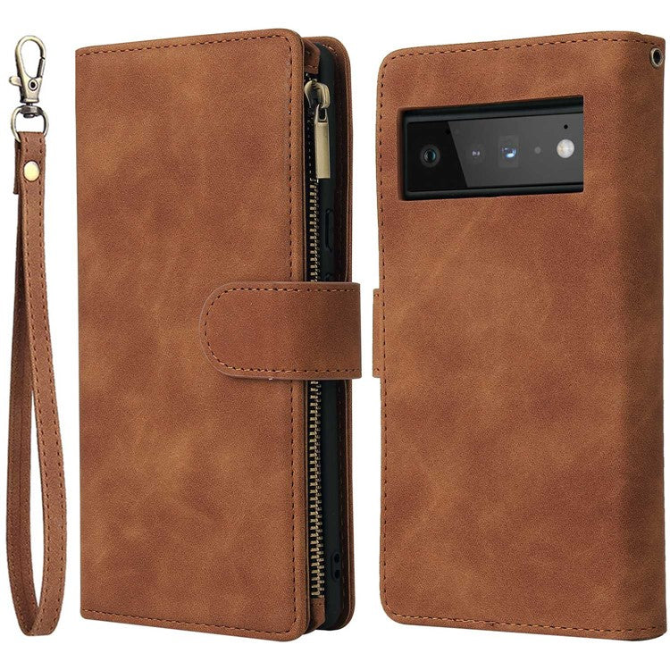 For Google Pixel 6 Pro 5G PU Leather Phone Wallet Stand Case Zipper Pocket Multiple Card Slots Phone Protective Cover - Brown