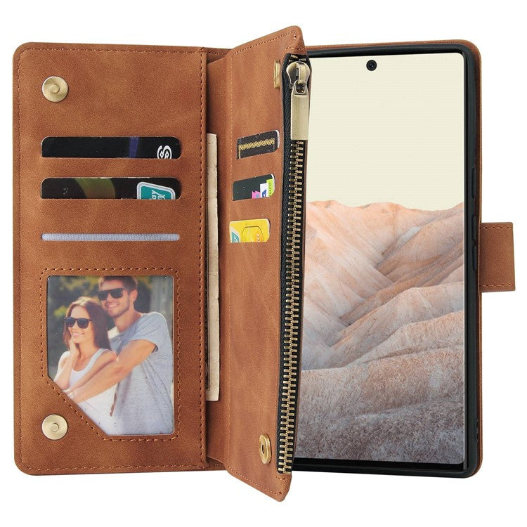 For Google Pixel 6 Pro 5G PU Leather Phone Wallet Stand Case Zipper Pocket Multiple Card Slots Phone Protective Cover - Brown