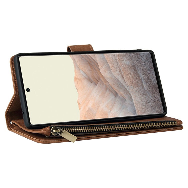 For Google Pixel 6 Pro 5G PU Leather Phone Wallet Stand Case Zipper Pocket Multiple Card Slots Phone Protective Cover - Brown