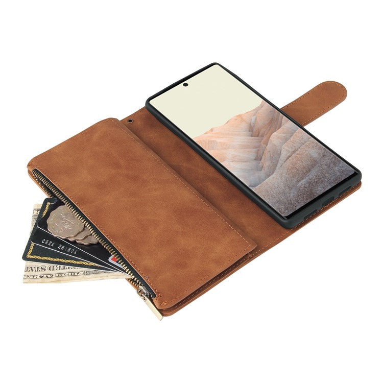 For Google Pixel 6 Pro 5G PU Leather Phone Wallet Stand Case Zipper Pocket Multiple Card Slots Phone Protective Cover - Brown