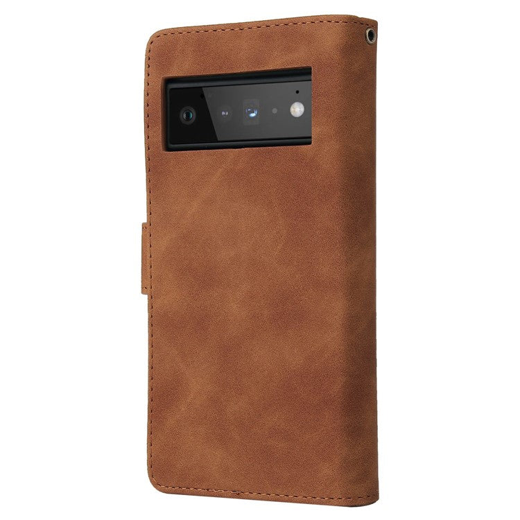 For Google Pixel 6 Pro 5G PU Leather Phone Wallet Stand Case Zipper Pocket Multiple Card Slots Phone Protective Cover - Brown