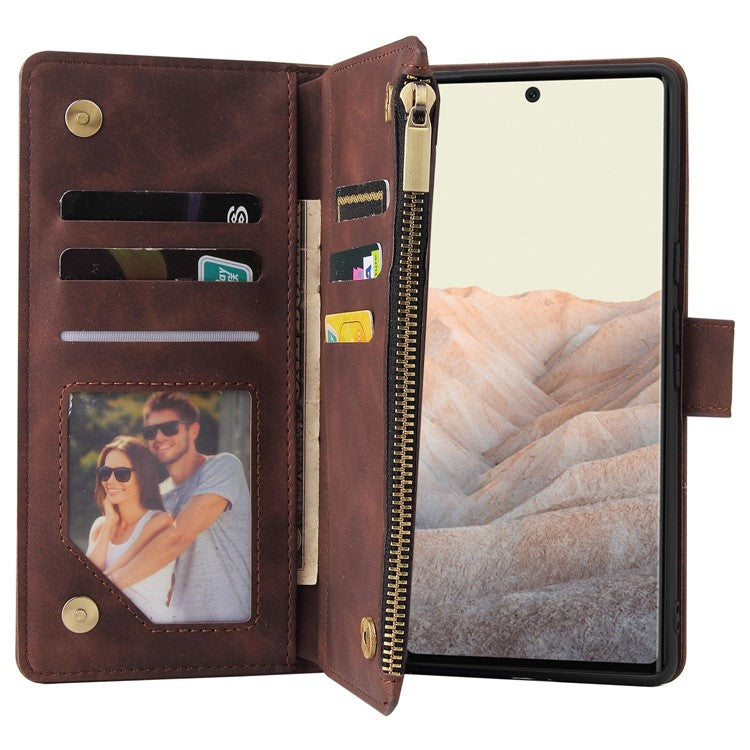 For Google Pixel 6 Pro 5G PU Leather Phone Wallet Stand Case Zipper Pocket Multiple Card Slots Phone Protective Cover - Coffee