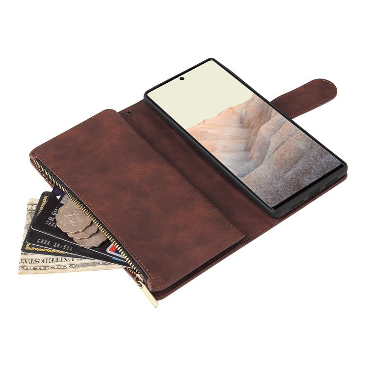 For Google Pixel 6 Pro 5G PU Leather Phone Wallet Stand Case Zipper Pocket Multiple Card Slots Phone Protective Cover - Coffee