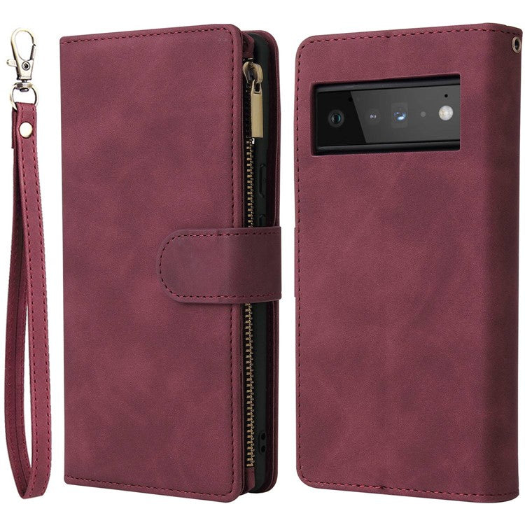 For Google Pixel 6 Pro 5G PU Leather Phone Wallet Stand Case Zipper Pocket Multiple Card Slots Phone Protective Cover - Wine Red