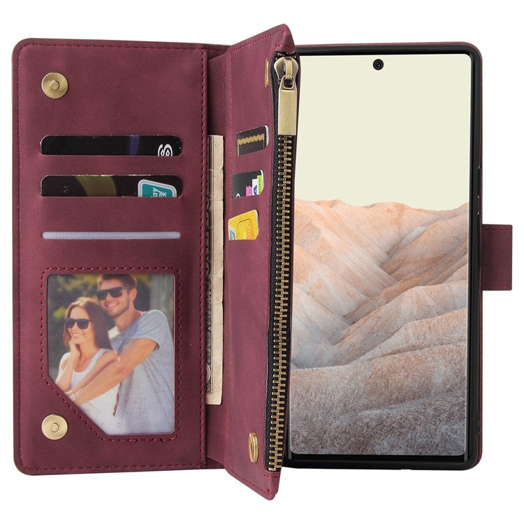 For Google Pixel 6 Pro 5G PU Leather Phone Wallet Stand Case Zipper Pocket Multiple Card Slots Phone Protective Cover - Wine Red