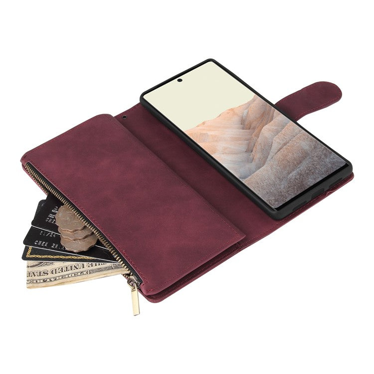 For Google Pixel 6 Pro 5G PU Leather Phone Wallet Stand Case Zipper Pocket Multiple Card Slots Phone Protective Cover - Wine Red