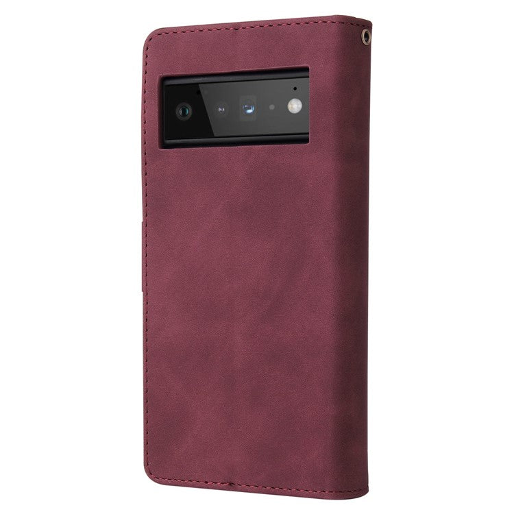 For Google Pixel 6 Pro 5G PU Leather Phone Wallet Stand Case Zipper Pocket Multiple Card Slots Phone Protective Cover - Wine Red