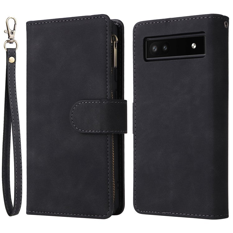 Multiple Card Slots Phone Cover for Google Pixel 6a, PU Leather Wallet Stand Zipper Pocket Shell - Black