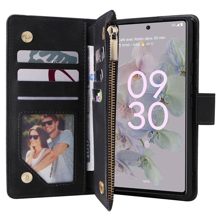 Multiple Card Slots Phone Cover for Google Pixel 6a, PU Leather Wallet Stand Zipper Pocket Shell - Black