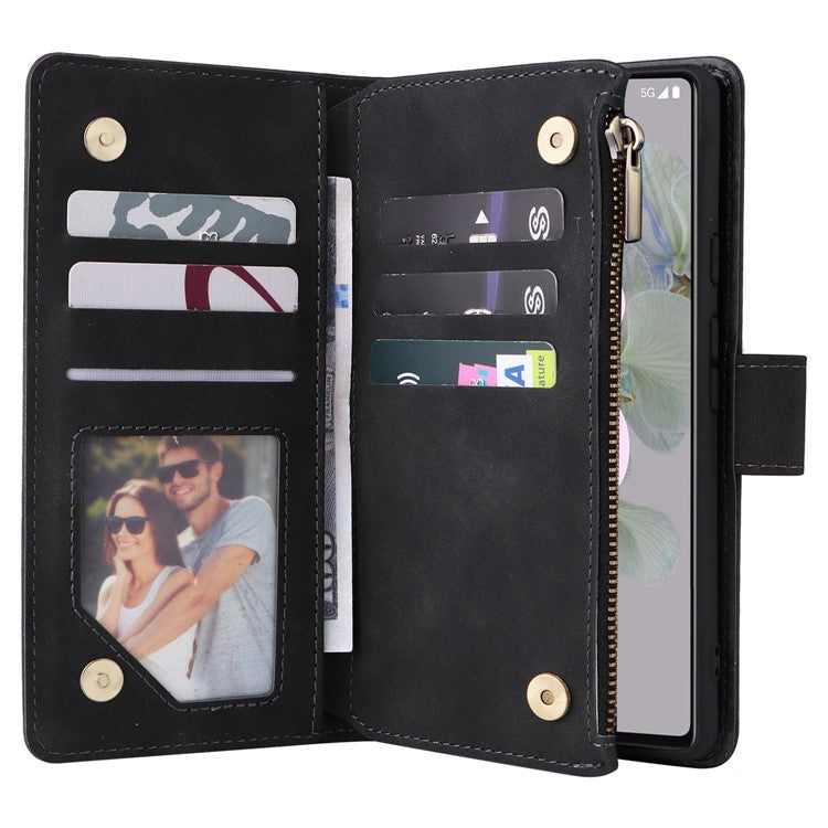 Multiple Card Slots Phone Cover for Google Pixel 6a, PU Leather Wallet Stand Zipper Pocket Shell - Black