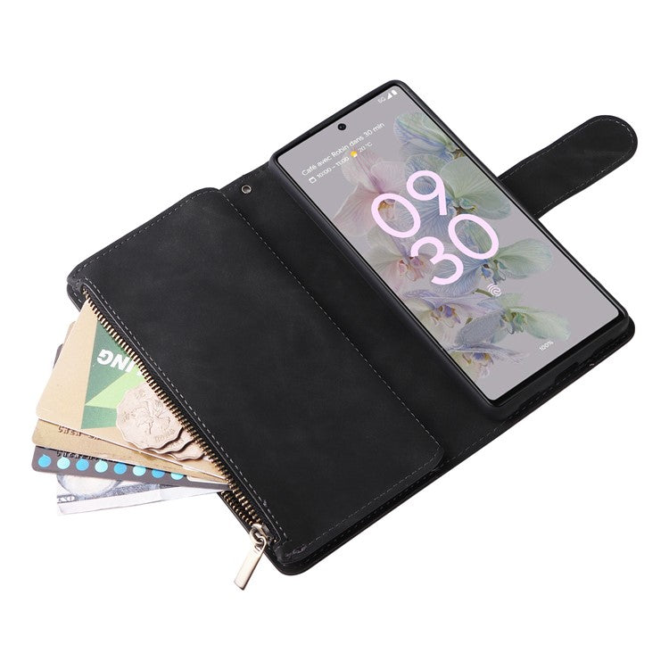 Multiple Card Slots Phone Cover for Google Pixel 6a, PU Leather Wallet Stand Zipper Pocket Shell - Black