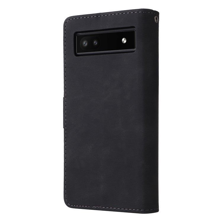 Multiple Card Slots Phone Cover for Google Pixel 6a, PU Leather Wallet Stand Zipper Pocket Shell - Black