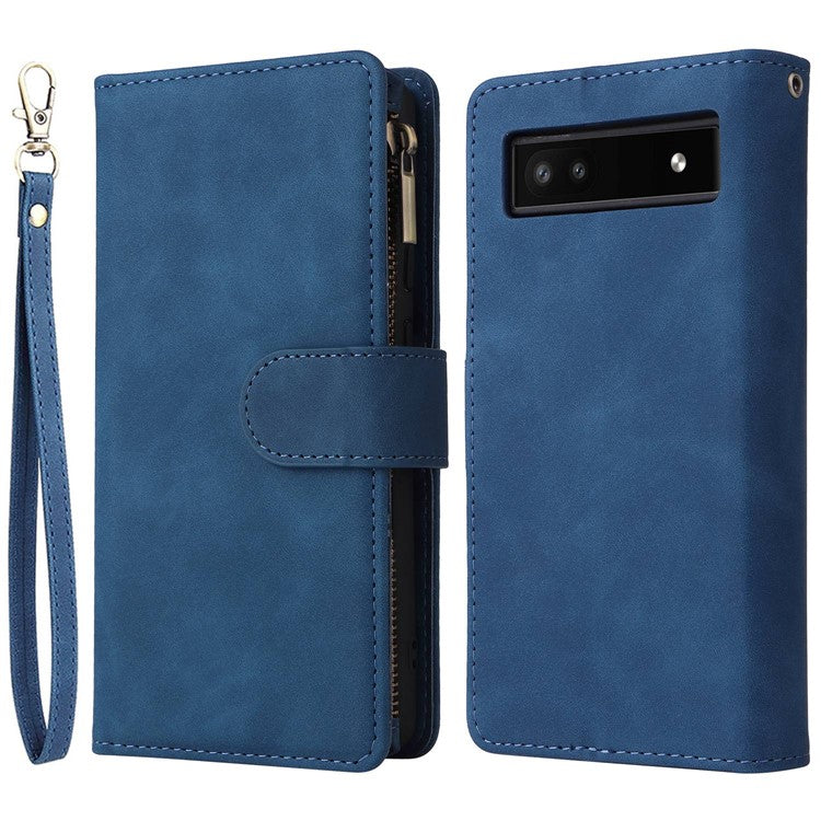 Multiple Card Slots Phone Cover for Google Pixel 6a, PU Leather Wallet Stand Zipper Pocket Shell - Blue