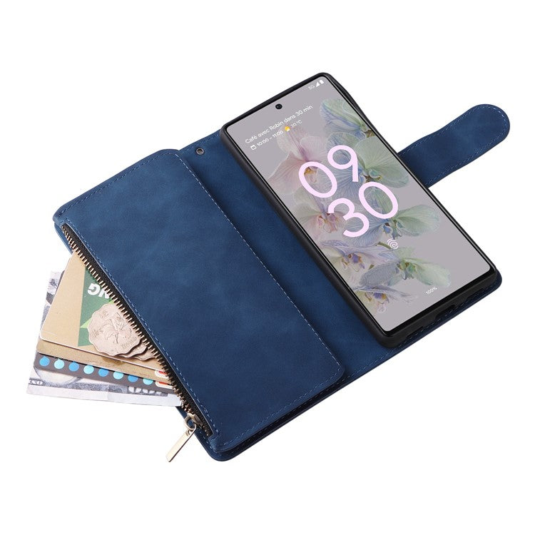 Multiple Card Slots Phone Cover for Google Pixel 6a, PU Leather Wallet Stand Zipper Pocket Shell - Blue