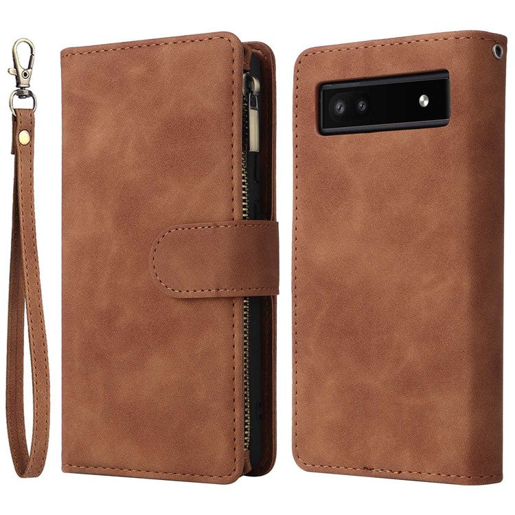 Multiple Card Slots Phone Cover for Google Pixel 6a, PU Leather Wallet Stand Zipper Pocket Shell - Brown