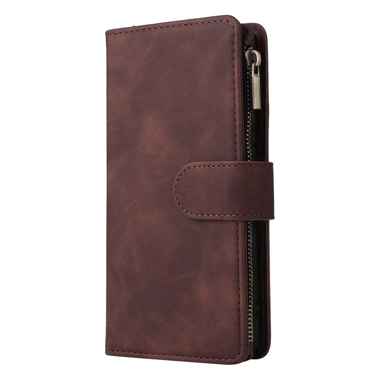 Multiple Card Slots Phone Cover for Google Pixel 6a, PU Leather Wallet Stand Zipper Pocket Shell - Coffee