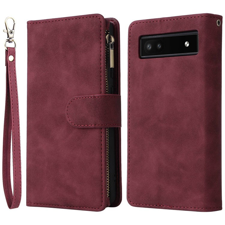 Multiple Card Slots Phone Cover for Google Pixel 6a, PU Leather Wallet Stand Zipper Pocket Shell - Wine Red