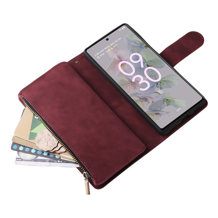 Multiple Card Slots Phone Cover for Google Pixel 6a, PU Leather Wallet Stand Zipper Pocket Shell - Wine Red