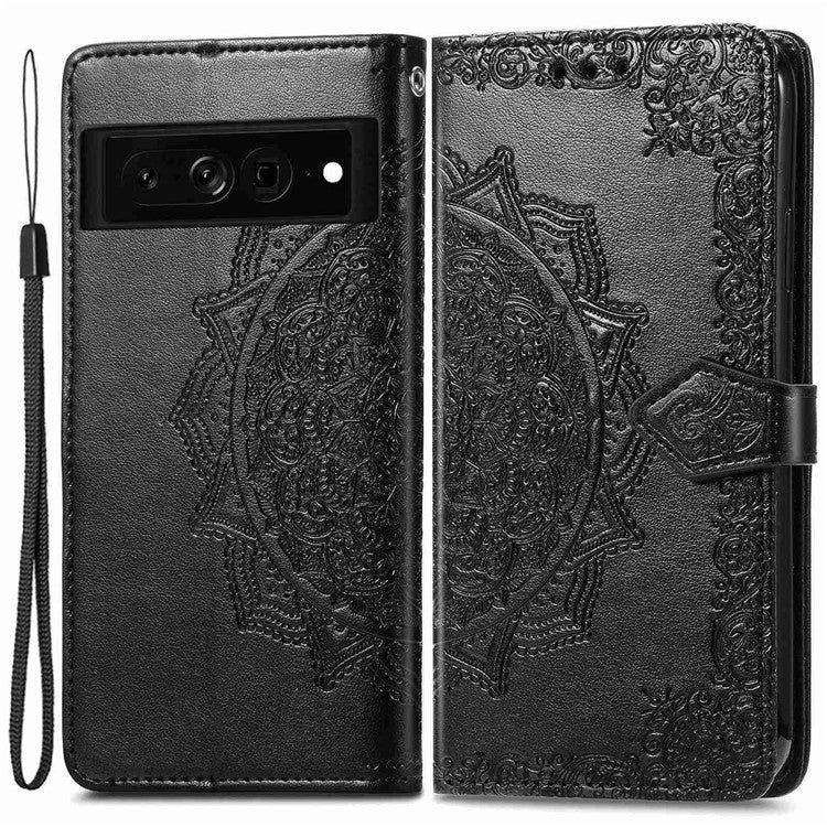 Stand Wallet Leather Case for Google Pixel 7 5G, Embossed Mandala Pattern Full Protection Inner TPU Phone Cover with Strap - Black