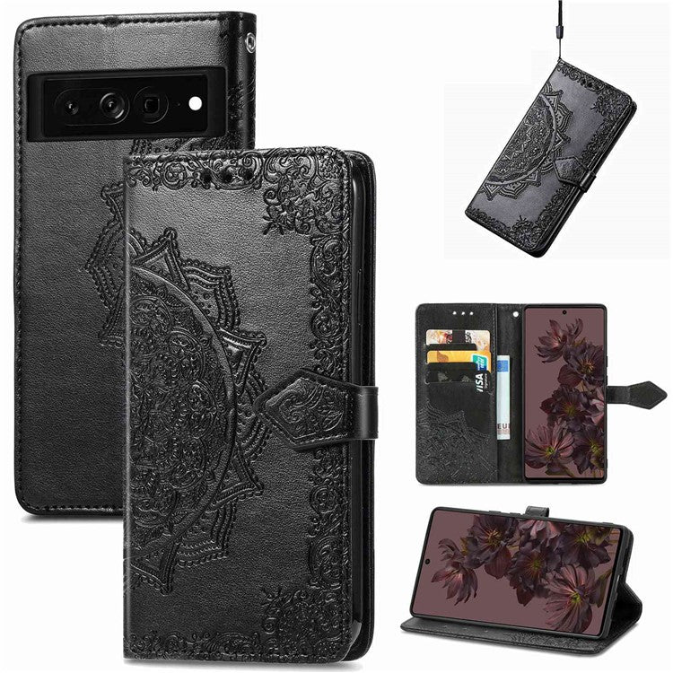 Stand Wallet Leather Case for Google Pixel 7 5G, Embossed Mandala Pattern Full Protection Inner TPU Phone Cover with Strap - Black