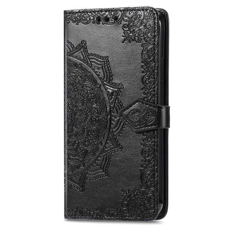 Stand Wallet Leather Case for Google Pixel 7 5G, Embossed Mandala Pattern Full Protection Inner TPU Phone Cover with Strap - Black