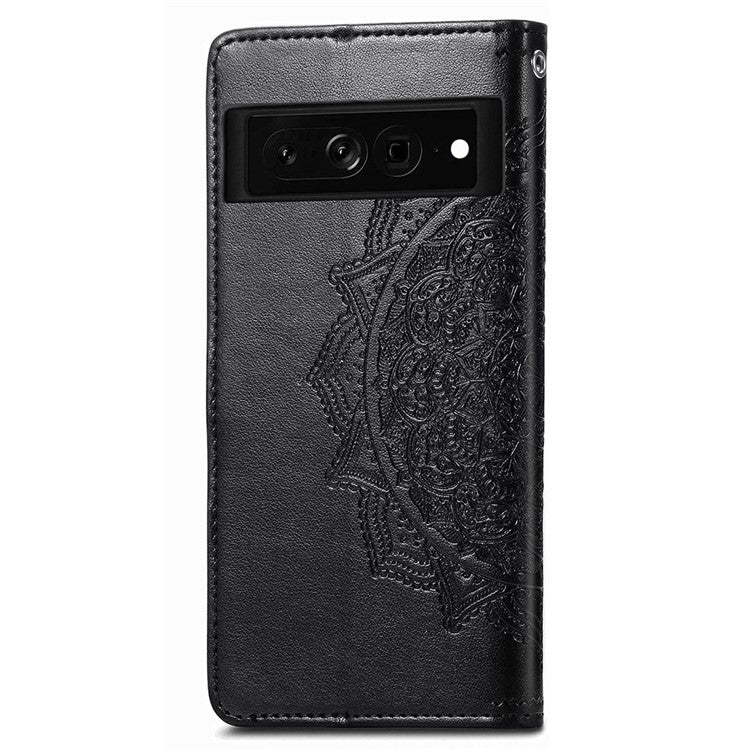 Stand Wallet Leather Case for Google Pixel 7 5G, Embossed Mandala Pattern Full Protection Inner TPU Phone Cover with Strap - Black