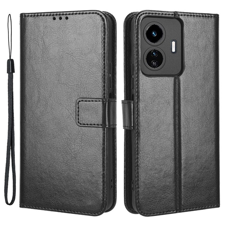 For vivo Y77 5G / Y77e 5G Crazy Horse Texture Anti-scratch Phone Cover Wallet Foldable Stand PU Leather Cover - Black