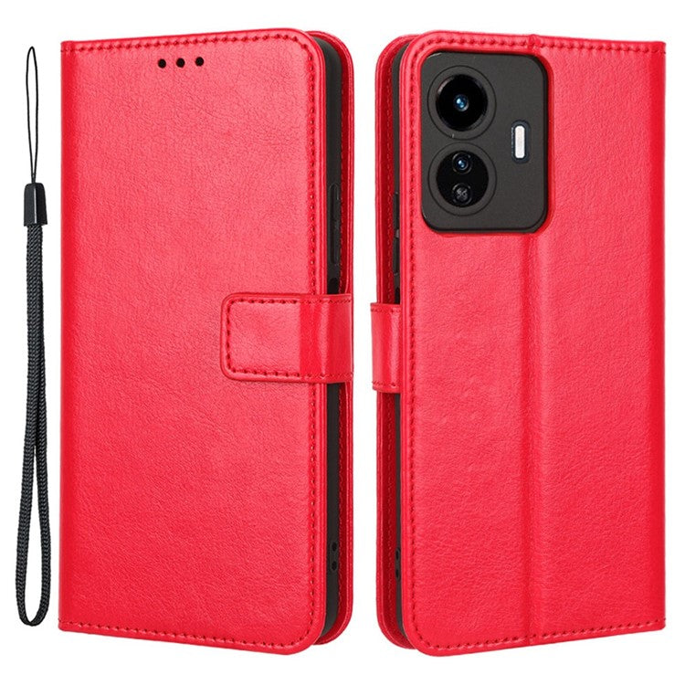 For vivo Y77 5G / Y77e 5G Crazy Horse Texture Anti-scratch Phone Cover Wallet Foldable Stand PU Leather Cover - Red