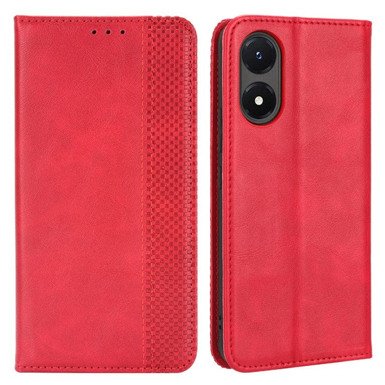 For vivo Y02s 4G Shockproof Flip Wallet Case Magnetic Auto Closing Retro Imprint Pattern PU Leather Cover Stand - Red