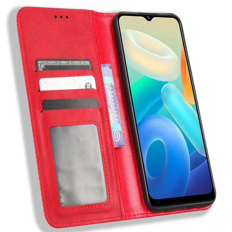 For vivo Y02s 4G Shockproof Flip Wallet Case Magnetic Auto Closing Retro Imprint Pattern PU Leather Cover Stand - Red