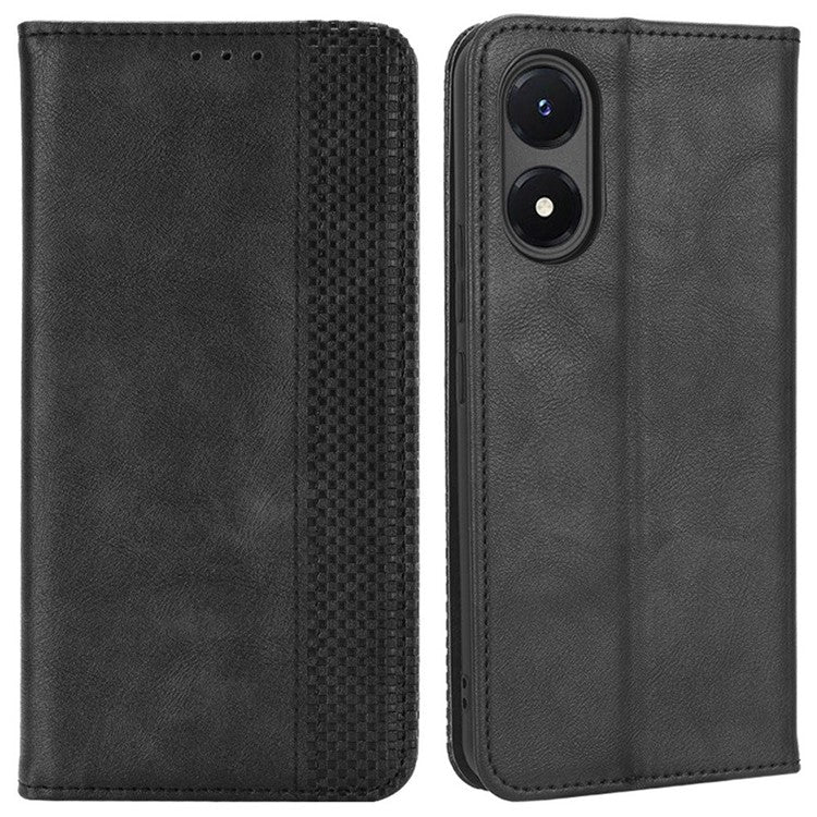 For vivo Y02s 4G Shockproof Flip Wallet Case Magnetic Auto Closing Retro Imprint Pattern PU Leather Cover Stand - Black