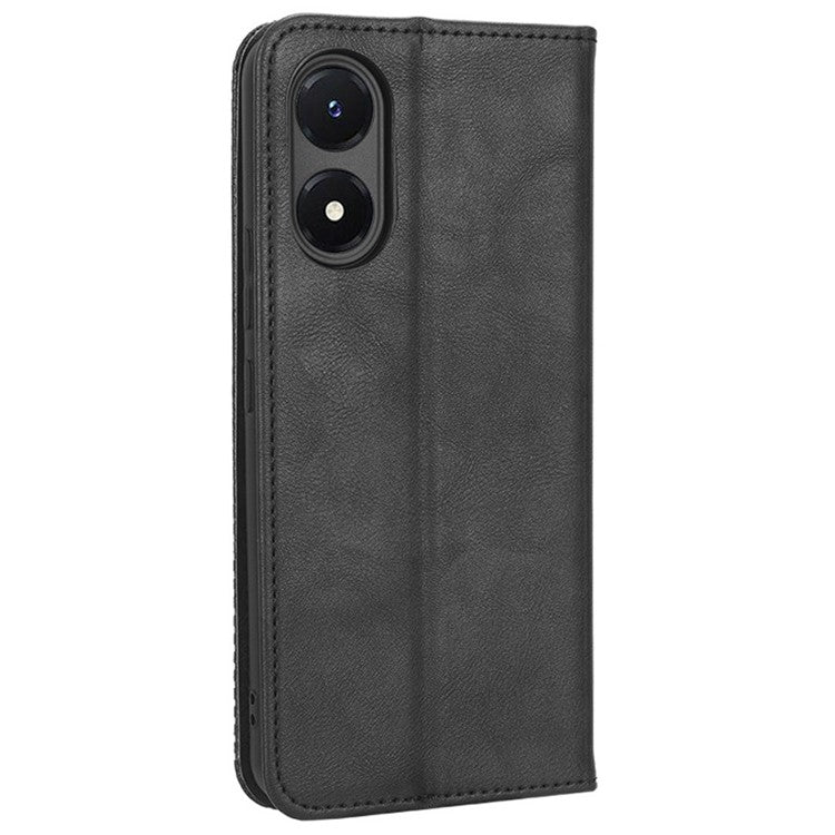 For vivo Y02s 4G Shockproof Flip Wallet Case Magnetic Auto Closing Retro Imprint Pattern PU Leather Cover Stand - Black