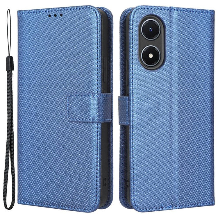 For vivo Y02s 4G Full Protection Diamond Texture Phone Shell Magnetic Clasp PU Leather Stand Wallet Case with Wrist Strap - Blue