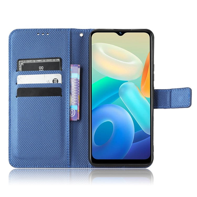 For vivo Y02s 4G Full Protection Diamond Texture Phone Shell Magnetic Clasp PU Leather Stand Wallet Case with Wrist Strap - Blue