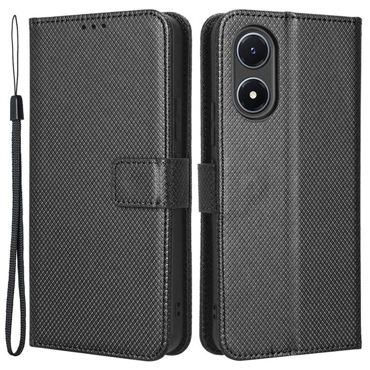 For vivo Y02s 4G Full Protection Diamond Texture Phone Shell Magnetic Clasp PU Leather Stand Wallet Case with Wrist Strap - Black