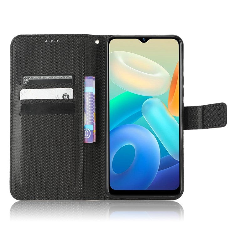 For vivo Y02s 4G Full Protection Diamond Texture Phone Shell Magnetic Clasp PU Leather Stand Wallet Case with Wrist Strap - Black