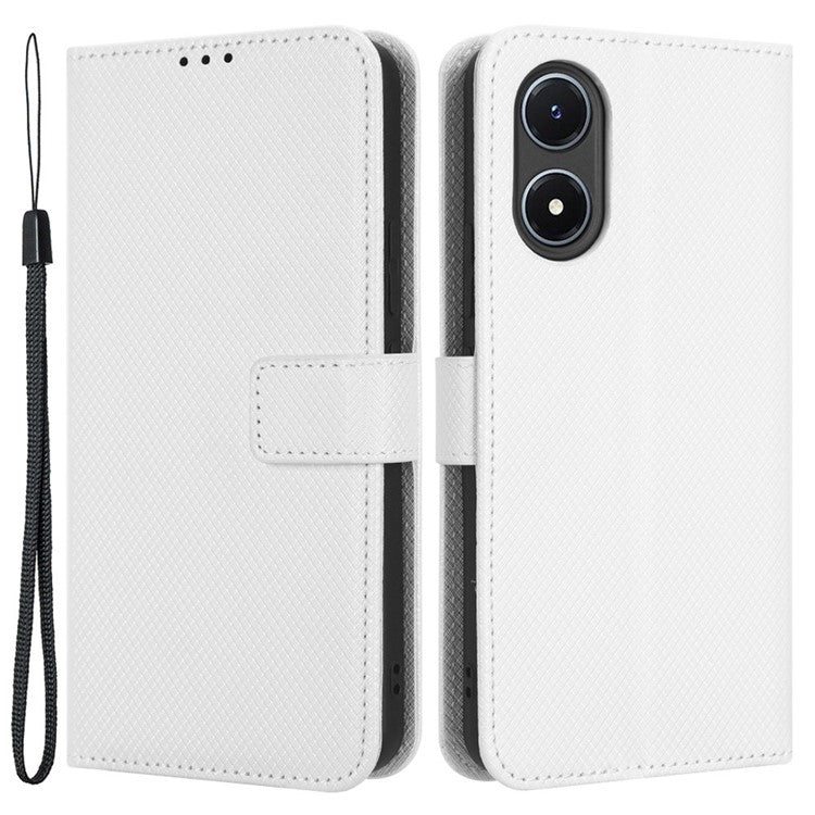 For vivo Y02s 4G Full Protection Diamond Texture Phone Shell Magnetic Clasp PU Leather Stand Wallet Case with Wrist Strap - White