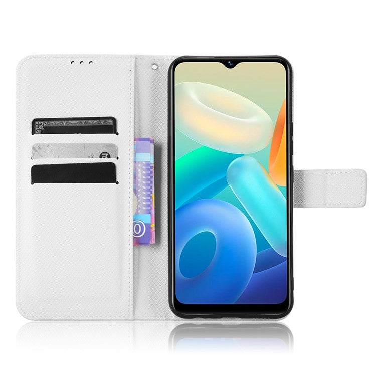 For vivo Y02s 4G Full Protection Diamond Texture Phone Shell Magnetic Clasp PU Leather Stand Wallet Case with Wrist Strap - White