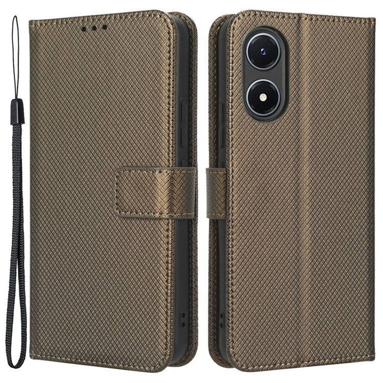 For vivo Y02s 4G Full Protection Diamond Texture Phone Shell Magnetic Clasp PU Leather Stand Wallet Case with Wrist Strap - Brown