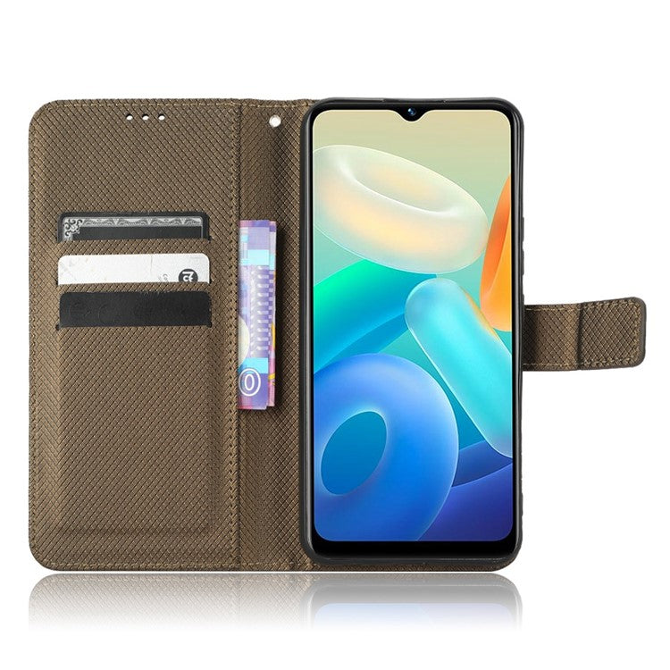 For vivo Y02s 4G Full Protection Diamond Texture Phone Shell Magnetic Clasp PU Leather Stand Wallet Case with Wrist Strap - Brown