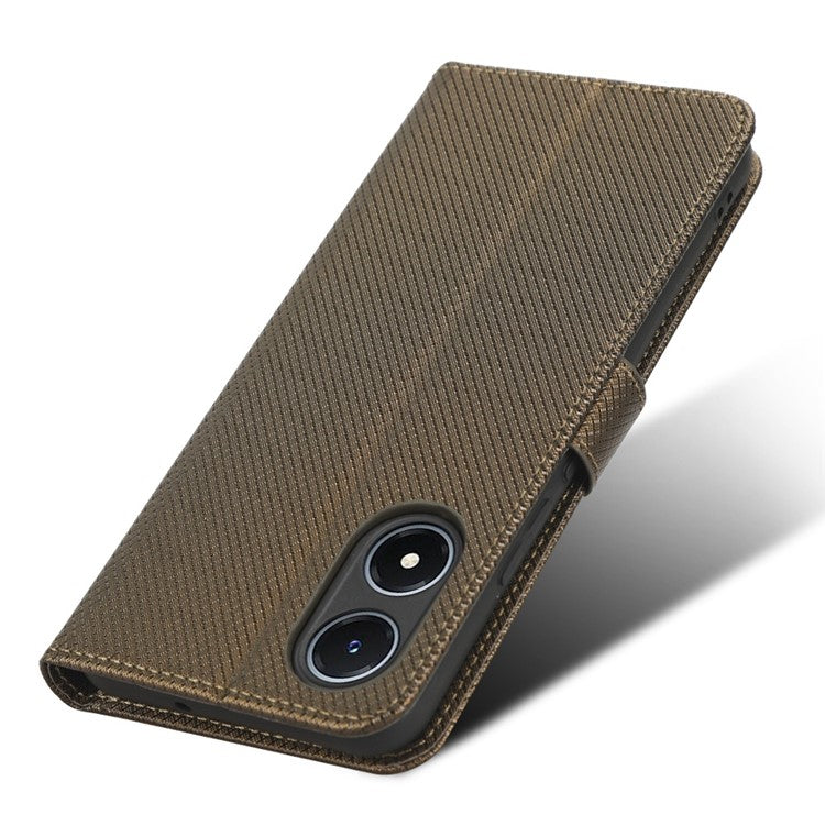 For vivo Y02s 4G Full Protection Diamond Texture Phone Shell Magnetic Clasp PU Leather Stand Wallet Case with Wrist Strap - Brown