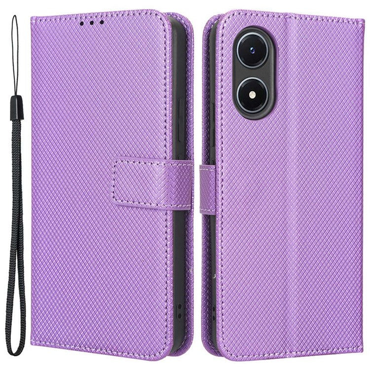 For vivo Y02s 4G Full Protection Diamond Texture Phone Shell Magnetic Clasp PU Leather Stand Wallet Case with Wrist Strap - Purple