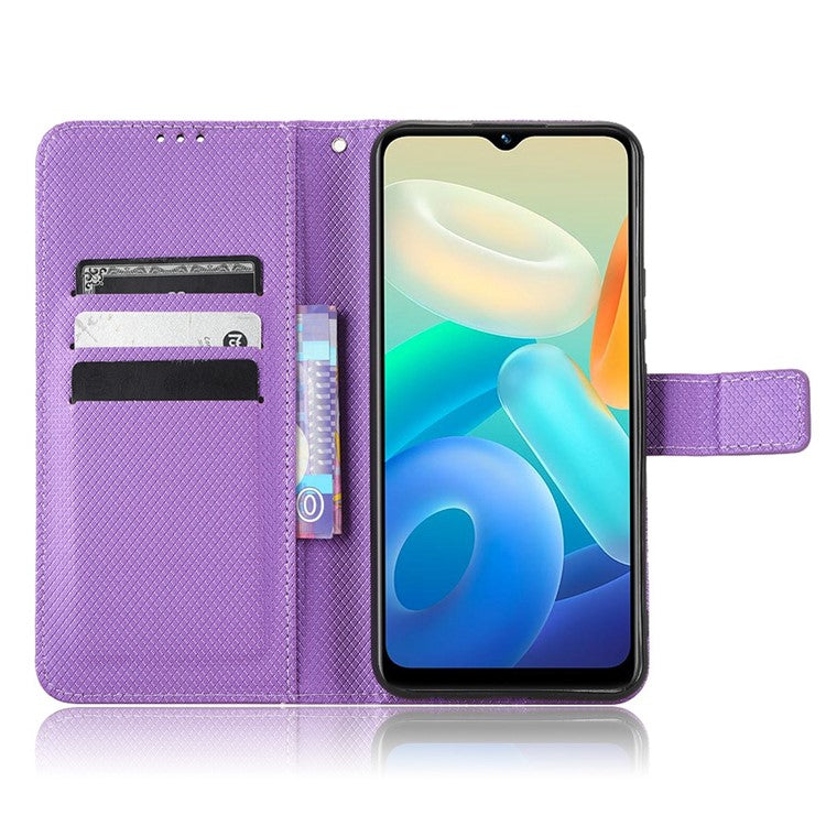 For vivo Y02s 4G Full Protection Diamond Texture Phone Shell Magnetic Clasp PU Leather Stand Wallet Case with Wrist Strap - Purple