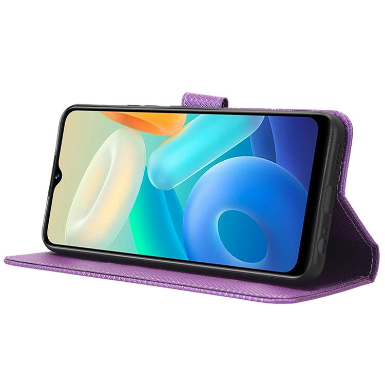 For vivo Y02s 4G Full Protection Diamond Texture Phone Shell Magnetic Clasp PU Leather Stand Wallet Case with Wrist Strap - Purple