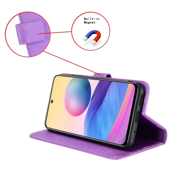 For vivo Y02s 4G Full Protection Diamond Texture Phone Shell Magnetic Clasp PU Leather Stand Wallet Case with Wrist Strap - Purple