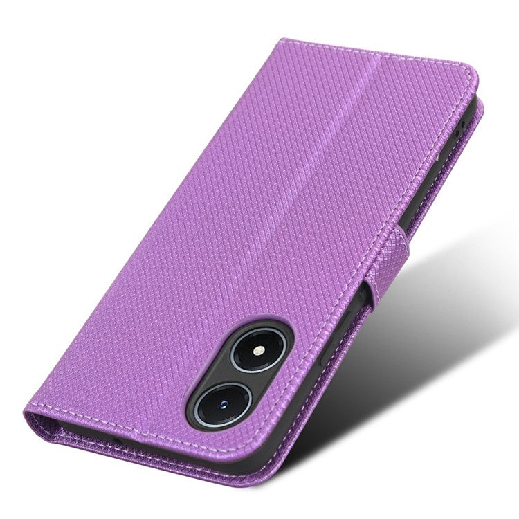 For vivo Y02s 4G Full Protection Diamond Texture Phone Shell Magnetic Clasp PU Leather Stand Wallet Case with Wrist Strap - Purple