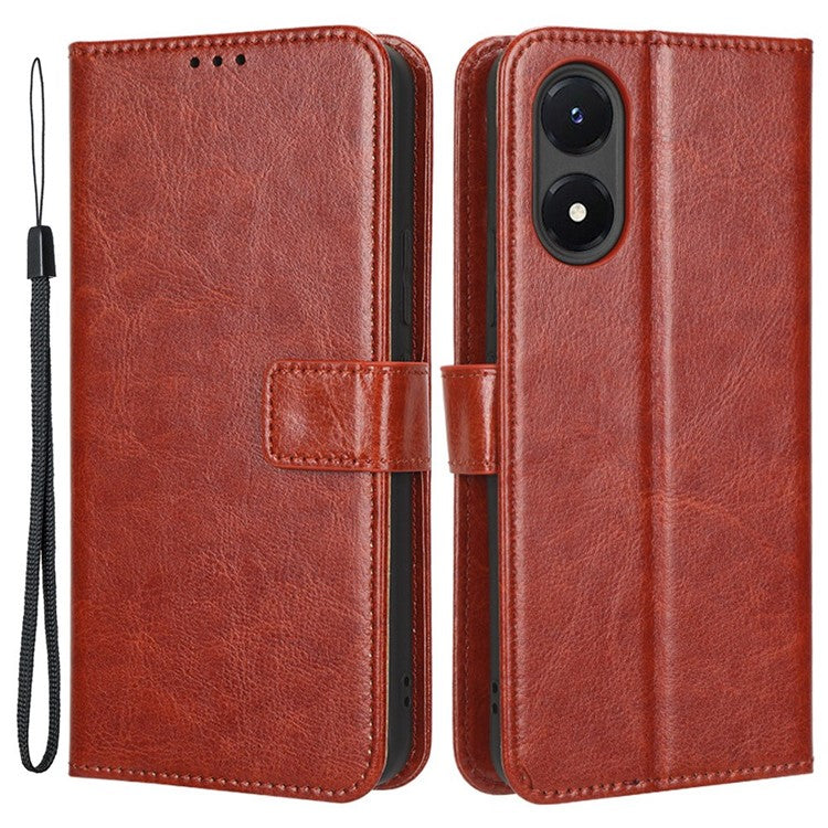 Crazy Horse Texture PU Leather Case Stand for vivo Y02s 4G, Full Protection Anti-scratch Phone Wallet Cover - Brown